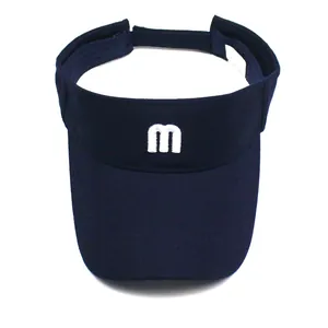 Dettaglio del cinturino regolabile e etichetta sulla visiera parasole blu navy con ricamo M