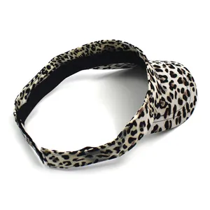 Detailed side view of leopard print sun visor with breathable black sweatband and open top