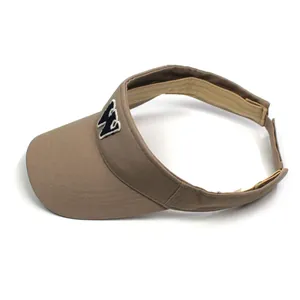 Close-up of khaki open top sun hat with embroidered W logo and reinforced stitching