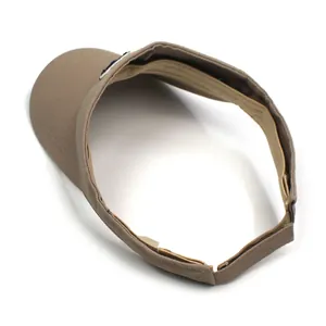 Detail of khaki sun visor hat showing twill cotton texture and adjustable back buckle