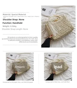 Detail of straw handbag capacity showing space for A4 magazine and iPad with wood handle