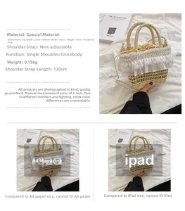 Comparaison de taille détaillée d'un sac seau en paille avec un iPad et papier A4