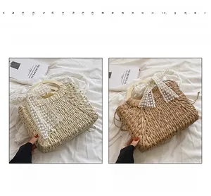Detail of straw handbag featuring circular wooden handles and decorative lace star bow