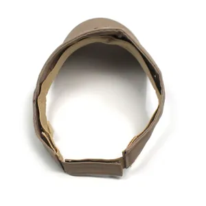 Detail view of khaki sun visor interior with adjustable hook and loop fastener strap