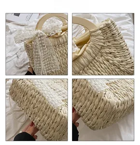 Detail shots of straw tote bag with lace bow, wooden handles and drawstring liner