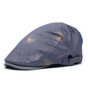 Navy blue cotton flat cap with colorful firework print and adjustable side buckle strap
