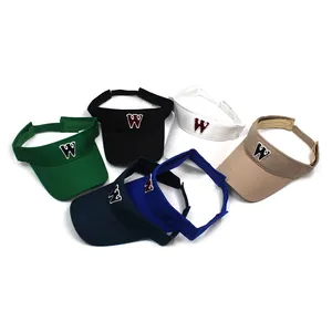Close-up of sun visor hats in six colors featuring embroidered letter W on cotton fabric