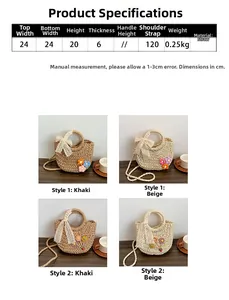 Size chart detail of a straw woven handbag with measurements and floral design features