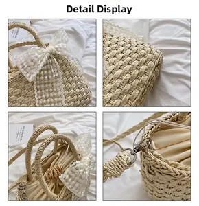 Détails du sac en paille avec nœud en dentelle, doublure à cordon et bandoulières