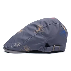 Detail of adjustable metal buckle and stitching on dandelion print flat cap