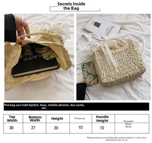 Detailed size guide and interior capacity view of summer straw bag with lace bow detail