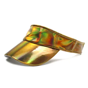Visera de sol dorada irisada de moda en cuero PU brillante con ala curva para protección solar