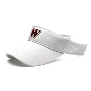 White cotton open top sun hat with burgundy letter W towel embroidery and curved brim