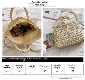 Tableau des tailles et vue intérieure d'un sac en paille tissé avec nœud en dentelle