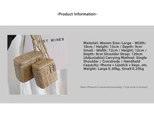 Détails du sac boîte en paille tressée avec chaîne en métal doré et spécifications de zip
