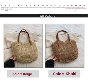 Dettaglio delle borse tote in paglia intrecciata beige e kaki con manici in pelle
