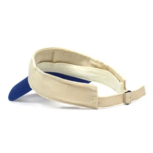 Detailed view of two-tone cotton sun visor with adjustable metal back buckle closure