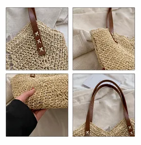 Dettaglio della borsa in paglia con manici in pelle e cuciture decorative a forma di X