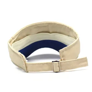 Detail of beige cotton sun visor with metal buckle and navy sweatband construction