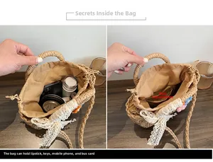 Detail view of woven straw bag interior showing brown fabric lining and drawstring closure