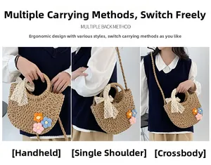 Straw bag shown in three ways: handbag, shoulder, and crossbody style with floral details