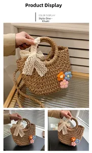 Detail of semi-circular khaki straw handbag with lace bow and crochet floral accents