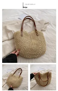 Dettaglio borsa shopper in paglia beige con manici marroni e cuciture bianche salde