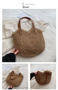 Dettaglio borsa in paglia kaki con manici in pelle e cuciture con rivetti decorativi
