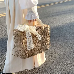 Women Large Capacity Straw Woven Handbag With Lace Bow Wooden Handle Summer Beach Vacation Fairy Style Tote Bag