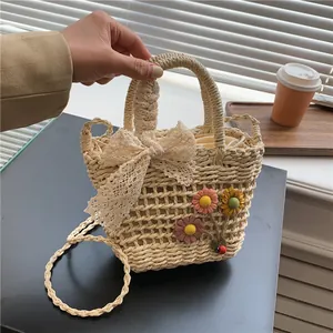 Lace bow straw woven tote bag with 3D flowers for seaside beach vacation