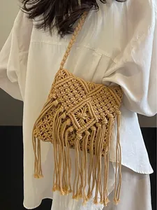 Borsa a Tracolla Bohémien in Corda di Cotone Intrecciata a Mano Con Frange per Donna Borsa a Spalla per Spiaggia Vacanza