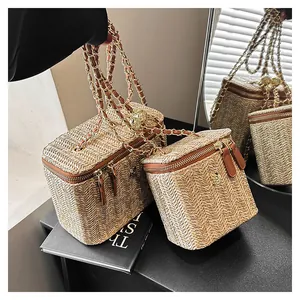 Détails des sacs boîtes en paille tressée avec bandoulière chaîne dorée et accents métal