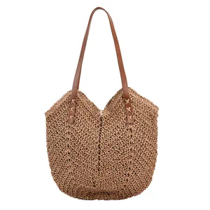 Borsa tote in paglia intrecciata marrone con motivo a V e manici lunghi in pelle