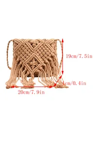 Borsa a tracolla boho in macramè di cotone beige con frange, 19x20x1cm