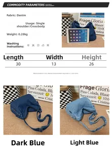 Size chart and dimensions for the casual denim tote bag with blue color options
