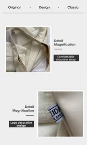 Detail showing the comfortable wide shoulder strap and woven logo on the cream tote bag