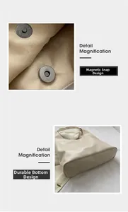 Detailed macro view of magnetic clasp and wear-resistant base on beige tote bag
