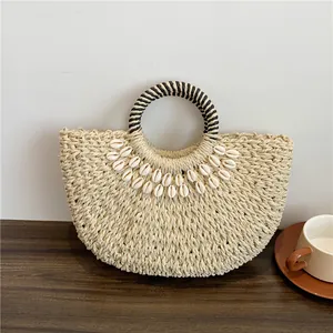Sommer Strand Strohgeflecht Handtasche Mit Muschel Deko Große Kapazität Bohemian Damen Halbkreis Reisetasche Für Urlaub Alltag