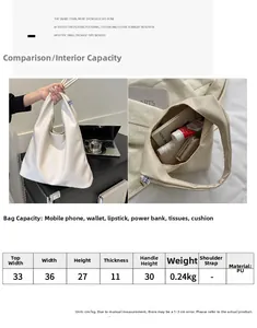 Size guide for large PU tote bag showing dimensions and internal storage capacity details