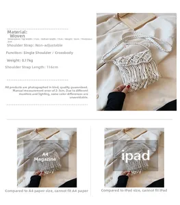 Detail view of cream woven straw bag with boho fringes and hollow crochet pattern texture