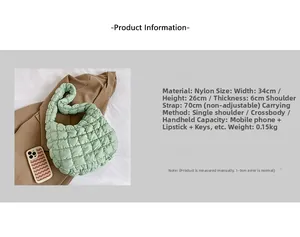 Detail showing dimensions and material of the light green quilted puffy shoulder bag