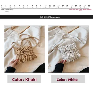 Detailed view of handmade bohemian straw bags with tassels in khaki and white tones