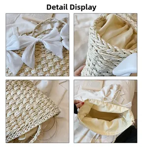 Détails du sac en paille avec nœuds en mousseline, doublure à cordon et texture tissée