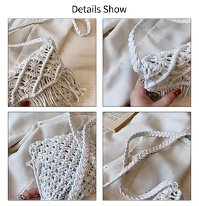 Detailed view of handmade macrame straw bag featuring boho fringe and woven patterns