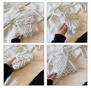 Detailed four-way view showing the woven texture, tassels, and interior of the beige straw bag