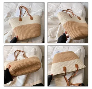 Detailed views of dual-tone straw tote bag showing woven texture and leather straps