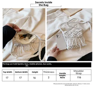 Detailed size guide and capacity display for handmade macrame straw bag with tassels