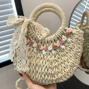Borsa Tote in Paglia Intrecciata Pastorale Donna Con Fiocco in Pizzo Fiore 3D Borsa a Tracolla Spiaggia Vacanza Casual