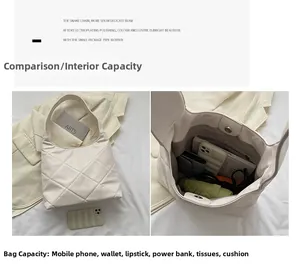 Internal view of beige quilted tote bag showing large capacity for daily essentials