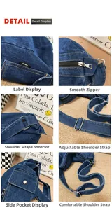 Detail view of denim tote bag with adjustable shoulder strap and smooth silver zipper